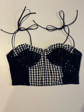 Urban Outfitters Navy & White Gingham Lace-Up Bustier Crop Top